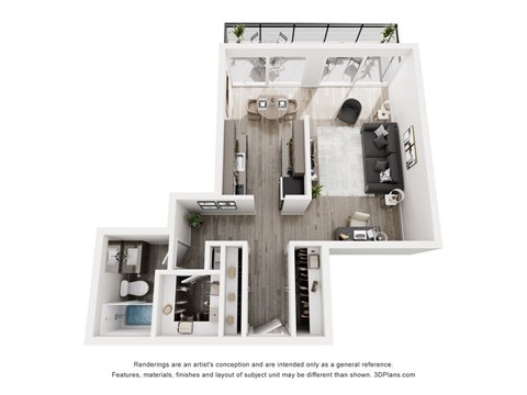 A 3D floor plan of a house with a kitchen, living room, and bathroom.